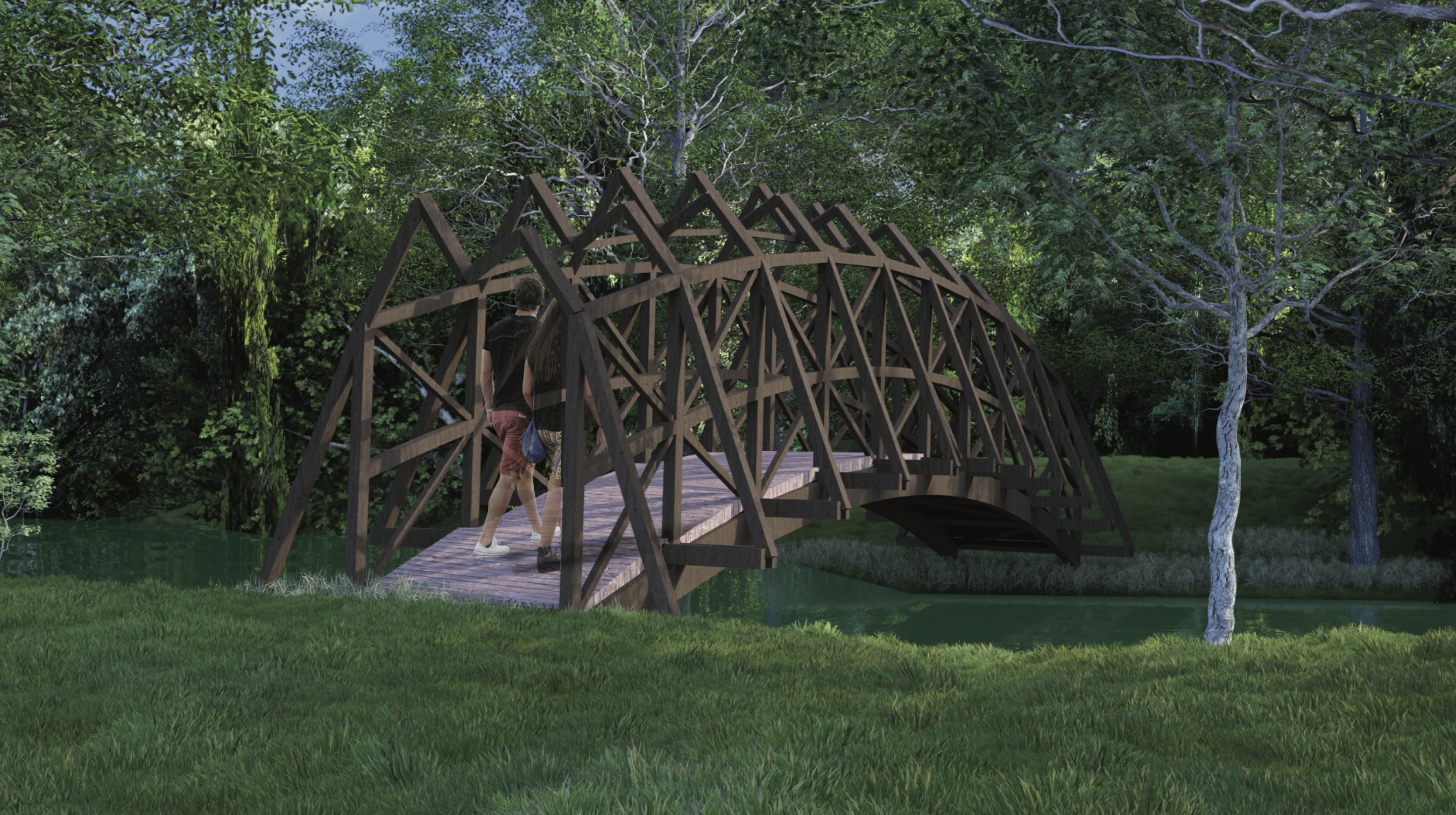 3D model showing a pedestrian and bicycle bridge with 18-meter span and timber arches.